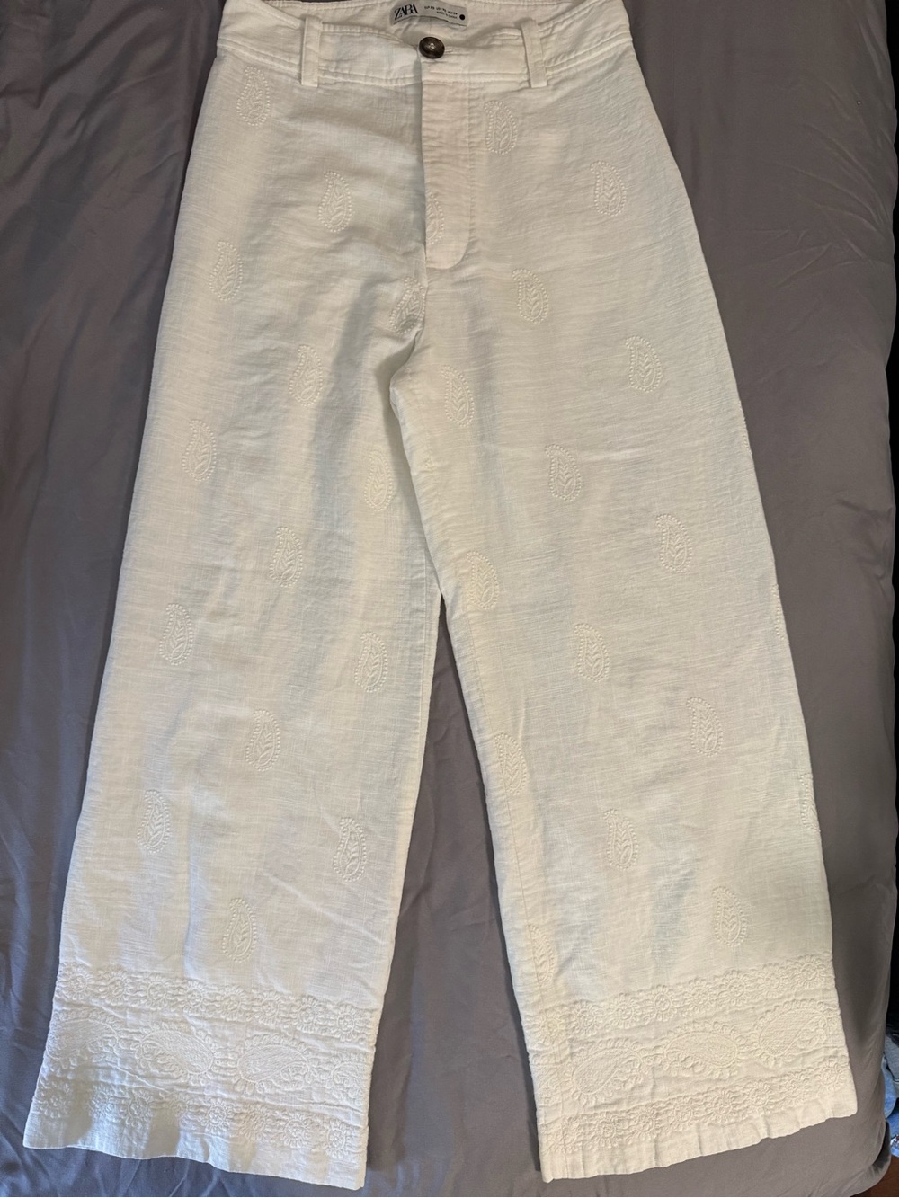 Zara White Embroidered Wide-Leg Pants